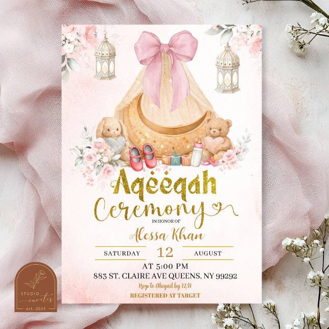 Pink Bow Floral Aqeeqah Girl Invitation Inbjudningar (Skapare uppladdad)