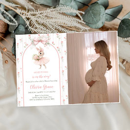 Pink Bow & Floral Bunny Baby Shower Photo Inbjudningar