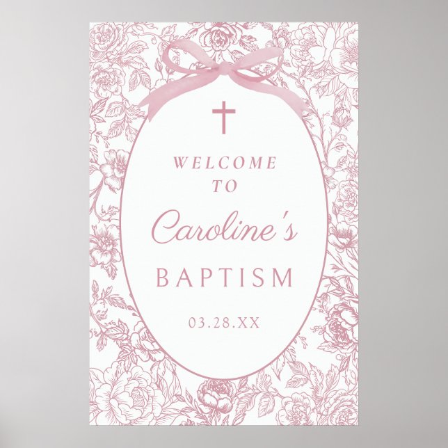 Pink Bow Floral Chinoiserie Baptism Welcome Sign Poster (Framsidan)