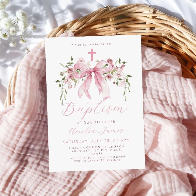 Pink Bow Floral Coquette Girl Baptism  Inbjudningar (Skapare uppladdad)