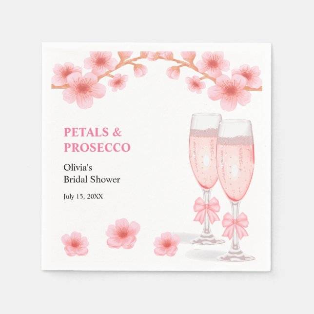 Pink Bow Floral Petals and Prosecco Bridal Shower  Pappersservett (Framsidan)