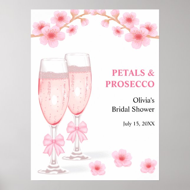 Pink Bow Floral Petals & Prosecco Bridal Shower  Poster (Framsidan)