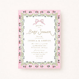 Pink Bow Floral Scalloped Frame Baby Shower  Inbjudningar