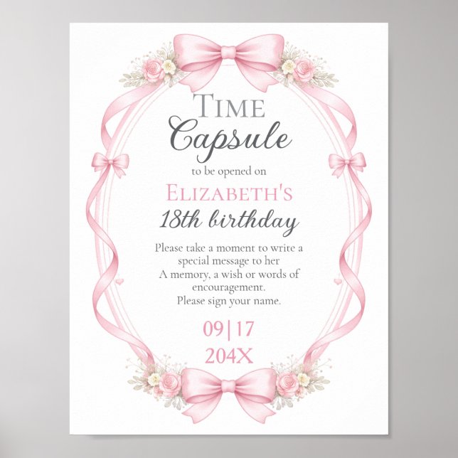 Pink Bow Floral Time Capsule Sign 1st Birthday Poster (Framsidan)