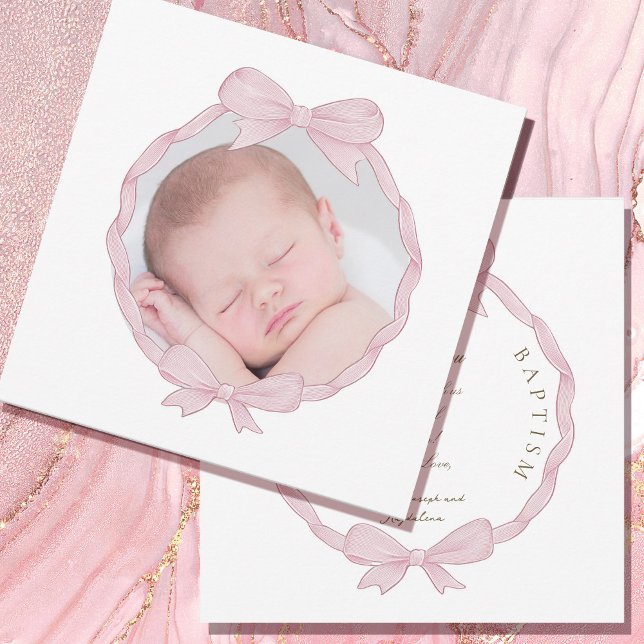 pink bow frame Baptism small thank you card Julkort (Skapare uppladdad)