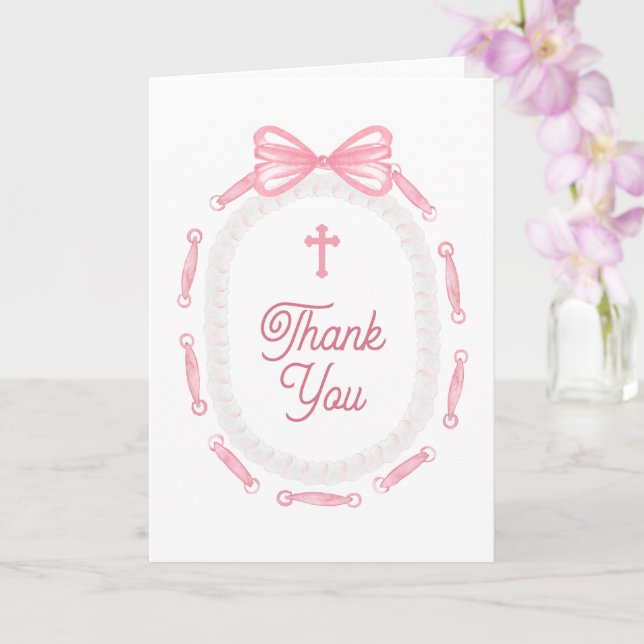Pink Bow Frame Holy Cross Religious Thank You Kort (Orkide)