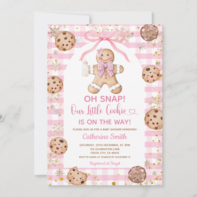Pink Bow Gingerbread Christmas Baby Shower Gingham Inbjudningar (Framsida)