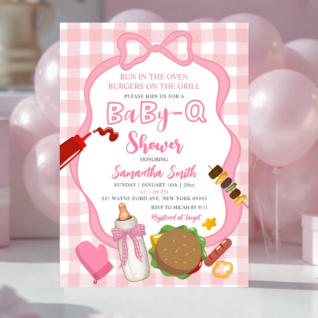 Pink Bow Gingham  Babyq baby shower invitation Inbjudningar (Skapare uppladdad)
