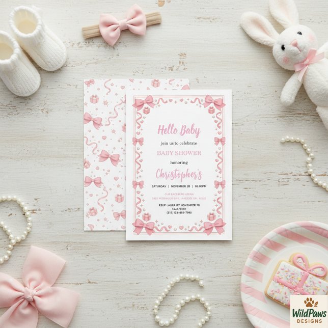 Pink Bow Girl Baby Shower – Cute & Fun Party Inbjudningar (Pink Bow Girl Baby Shower – Cute & Fun Party Invitation
)