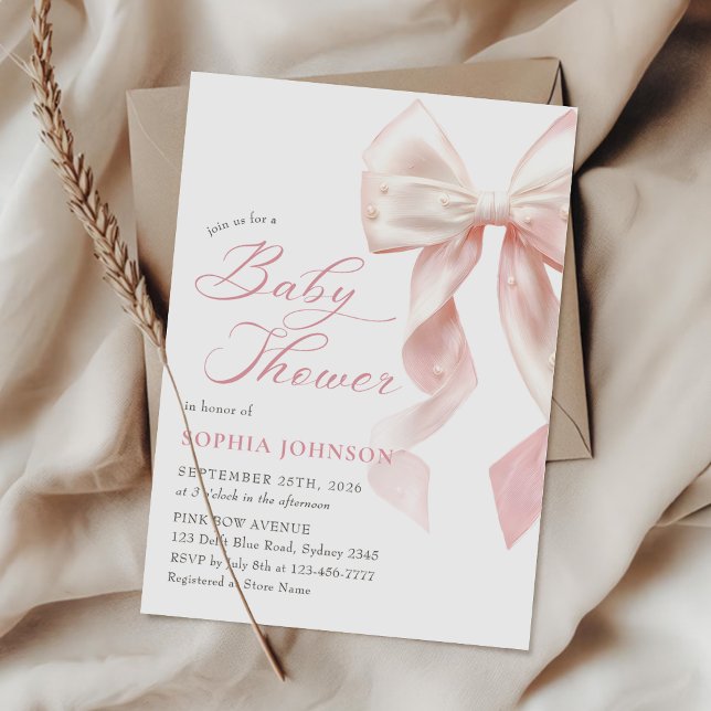Pink Bow Girl Baby Shower Invitation Inbjudningar (Skapare uppladdad)