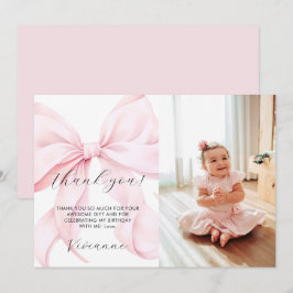 Pink Bow Girl First Birthday Flat Thank You Card Tack Kort