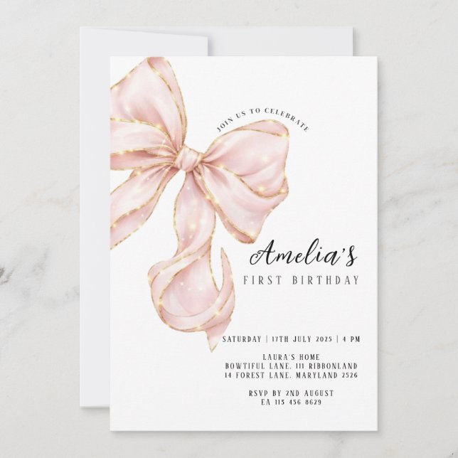 Pink Bow Girl First Birthday  Inbjudningar (Framsida)