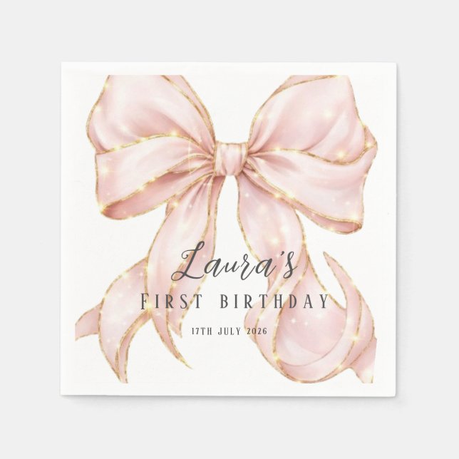 Pink Bow Girl First Birthday Party  Pappersservett (Framsidan)