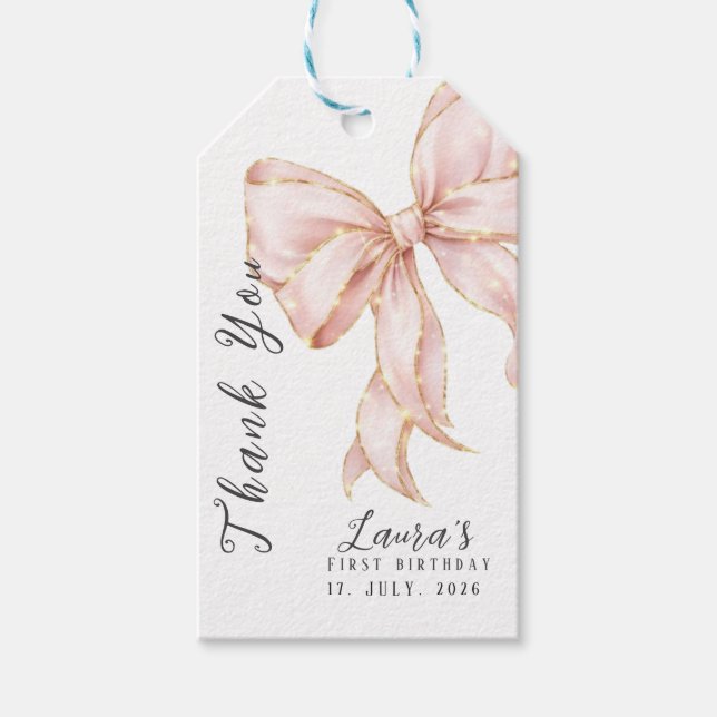 Pink Bow Girl First Birthday Party  Presentetikett (Framsidan)