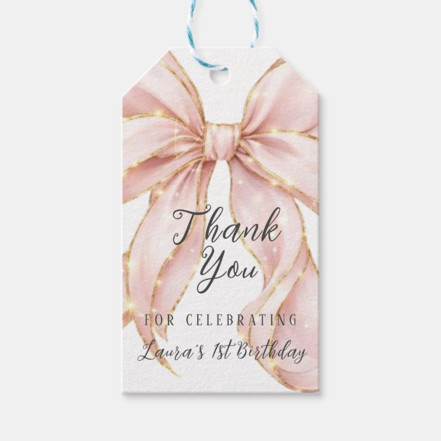 Pink Bow Girl First Birthday Party  Presentetikett (Framsidan)