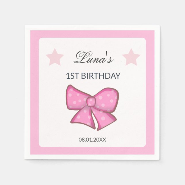 Pink Bow Girl Kids 1st Birthday  Pappersservett (Framsidan)