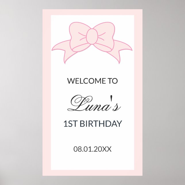 Pink Bow Girl Kids 1st Birthday  Poster (Framsidan)