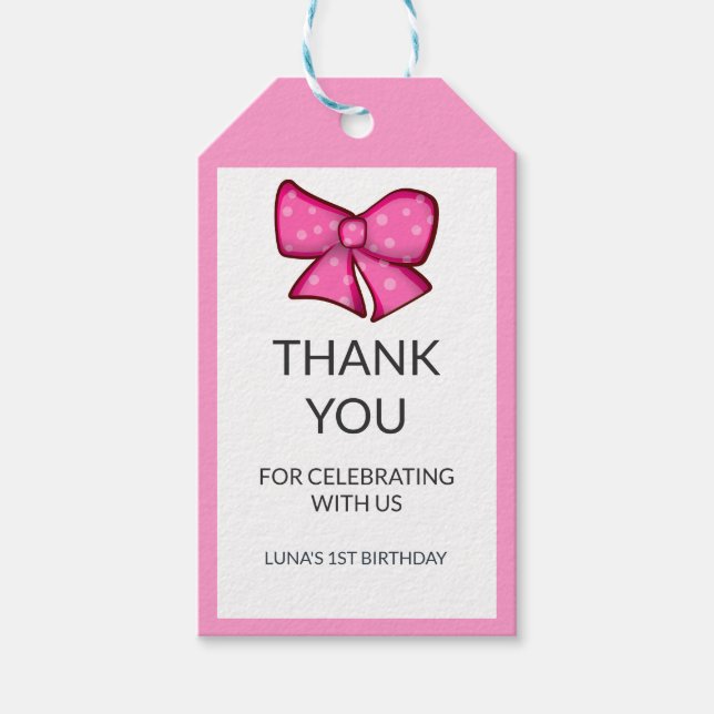 Pink Bow Girl Kids 1st Birthday  Presentetikett (Framsidan)