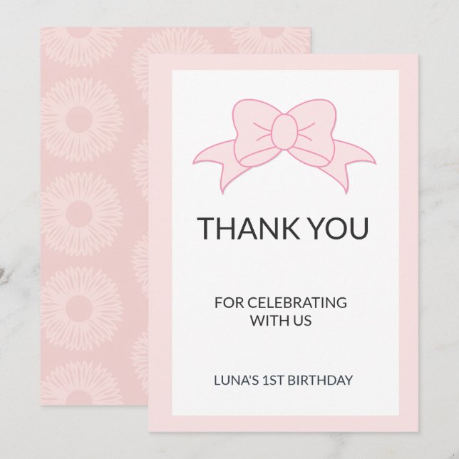 Pink Bow Girl Kids 1st Birthday  Tack Kort (Fram/baksida)