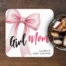 Pink Bow Girl Mom Ribbon Cute Baby Shower Underlägg Papper Kvadrat