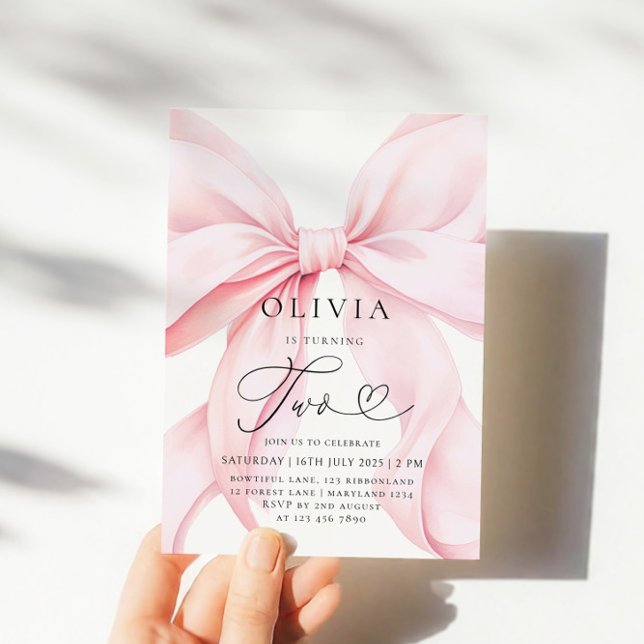Pink Bow Girl Second Birthday  Inbjudningar (Skapare uppladdad)