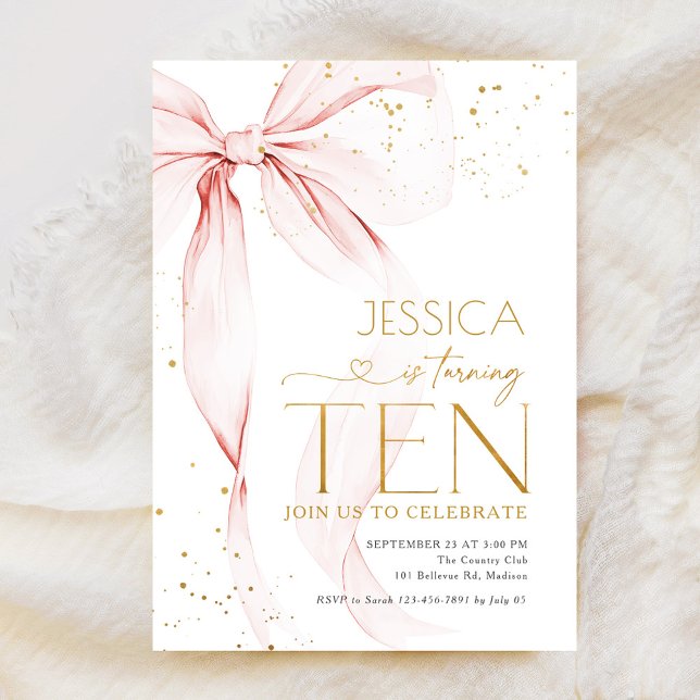 Pink Bow Girls 10th Birthday  Inbjudningar (Skapare uppladdad)