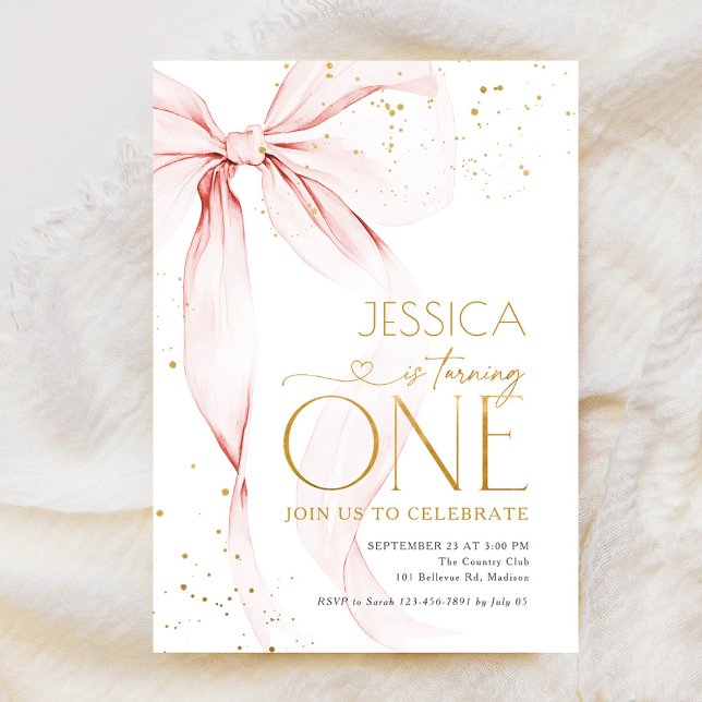 Pink Bow Girls 1st Birthday  Inbjudningar (Skapare uppladdad)