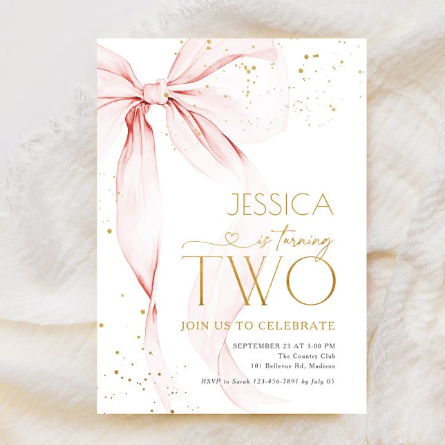 Pink Bow Girls 2nd Birthday  Inbjudningar (Skapare uppladdad)