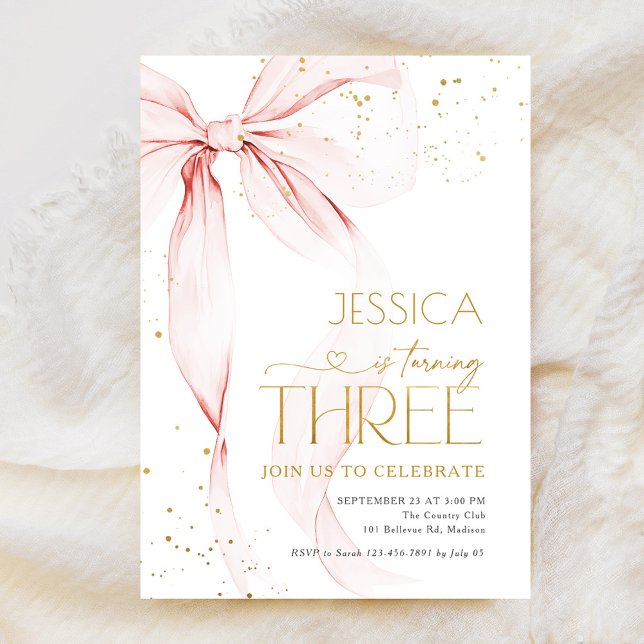 Pink Bow Girls 3rd Birthday  Inbjudningar (Skapare uppladdad)