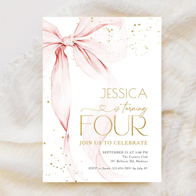 Pink Bow Girls 4th Birthday  Inbjudningar (Skapare uppladdad)