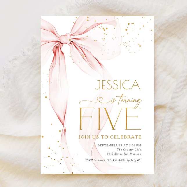 Pink Bow Girls 5th Birthday  Inbjudningar (Skapare uppladdad)