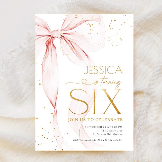 Pink Bow Girls 6th Birthday  Inbjudningar (Skapare uppladdad)