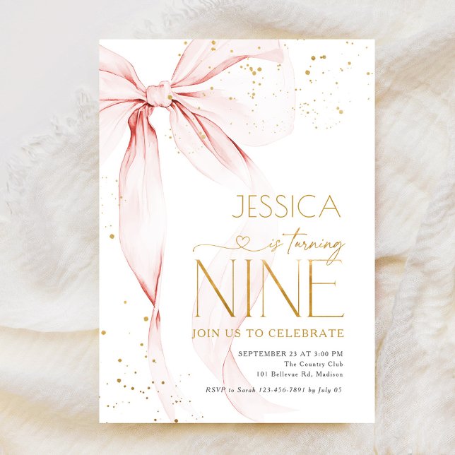 Pink Bow Girls 9th Birthday  Inbjudningar (Skapare uppladdad)