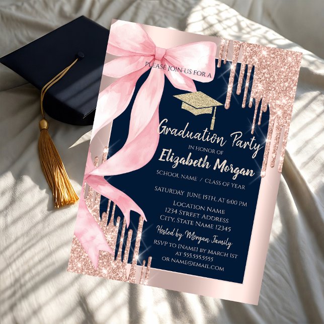 Pink Bow Glitter Grad Cap,Drips Navy Blue   Inbjudningar (Skapare uppladdad)