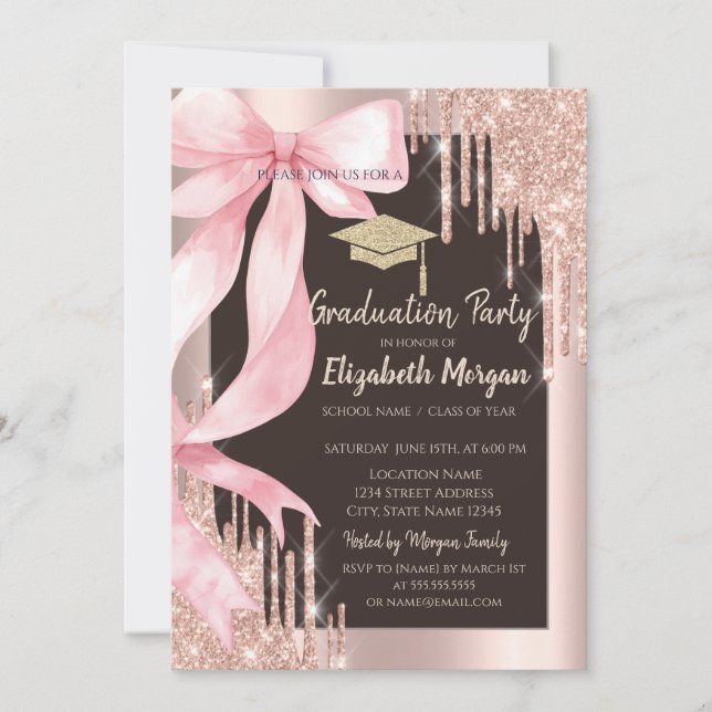 Pink Bow Glitter Grad Cap,Drips Photo Brown  Inbjudningar (Framsida)
