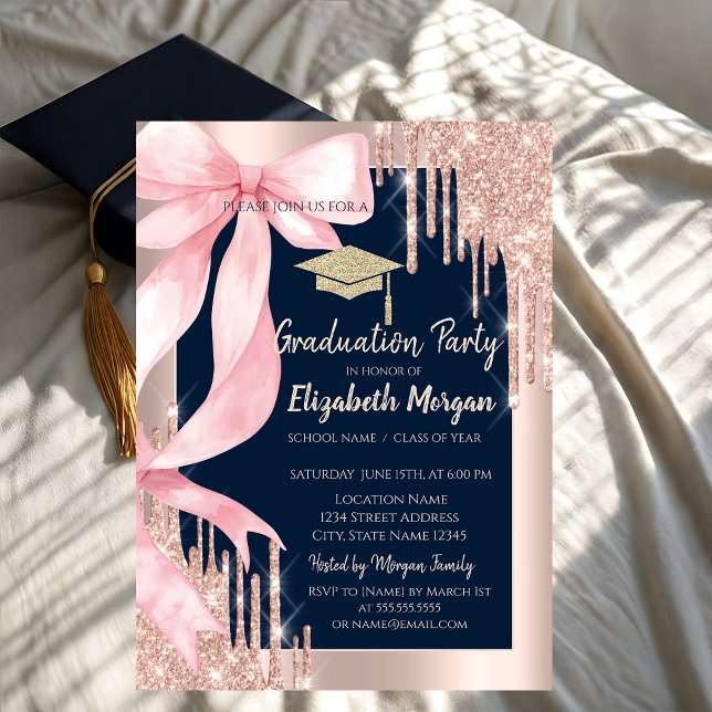 Pink Bow Glitter Grad Cap,Drips Photo Navy Blue   Inbjudningar (Skapare uppladdad)