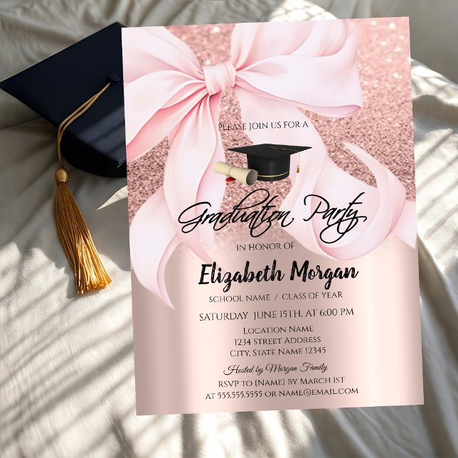 Pink Bow Grad Cap Rose Gold Glitter Graduation Inbjudningar (Skapare uppladdad)