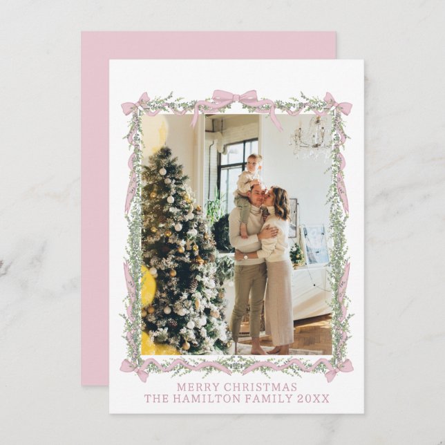 Pink Bow Green Garland Gingham Christmas Photo  Julkort (Fram/baksida)