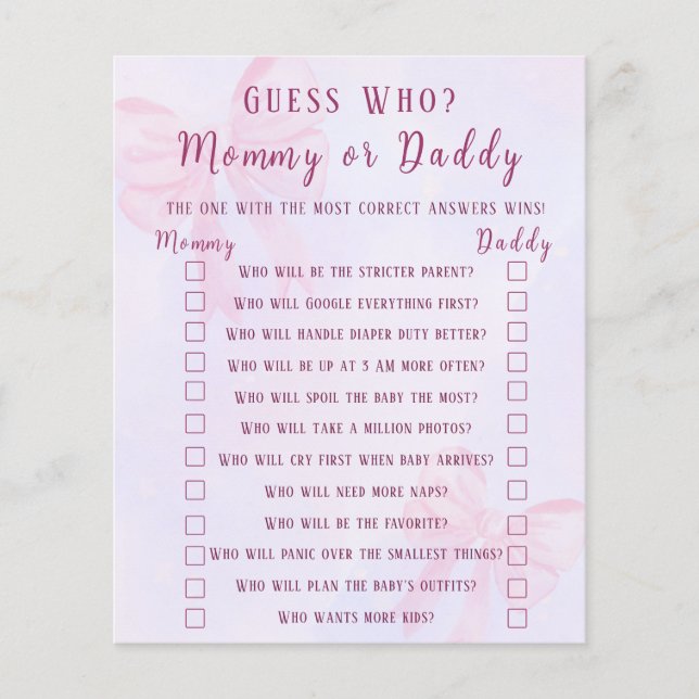 Pink Bow Guess Who Mommy or Daddy Baby Shower Game (Framsida)