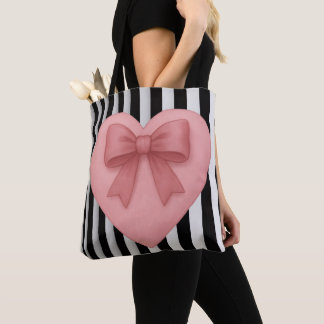 Pink bow heart black&white stripes Tote Bag Tygkasse