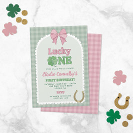 Pink Bow Horseshoe Clover Lucky One Birthday Inbjudningar