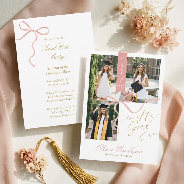 Pink Bow In Her Grad Era Elegant Photo Graduation Inbjudningar (Pink Bow In Her Grad Era Elegant Photo Graduation Invitation)