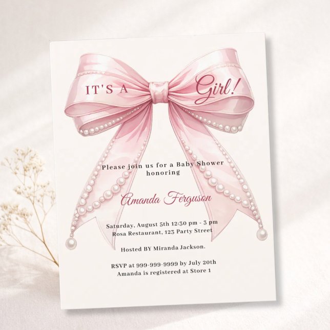 Pink bow ivory it's a girl Baby Shower invitation (Skapare uppladdad)