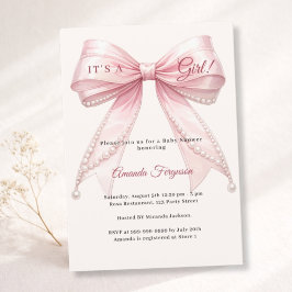 Pink bow ivory it's a girl pearls Baby Shower Inbjudningar