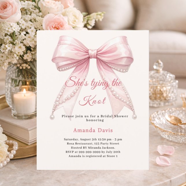 Pink bow ivory pearl knot Bridal Shower invitation (Skapare uppladdad)