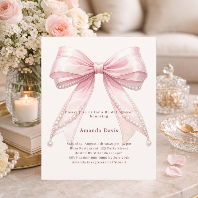 Pink bow ivory pearls Bridal Shower invitation (Skapare uppladdad)