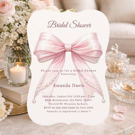 Pink bow ivory pearls elegant Bridal Shower Inbjudningar