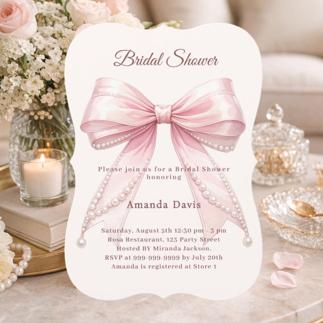 Pink bow ivory pearls elegant Bridal Shower Inbjudningar (Skapare uppladdad)