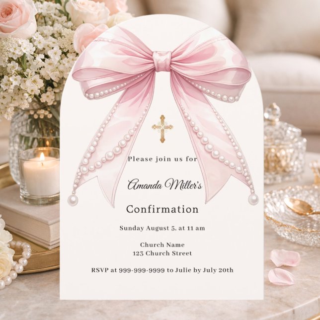 Pink bow ivory pearls girl Confirmation arch Inbjudningar (Skapare uppladdad)