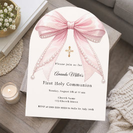 Pink bow ivory pearls girl First Communion Arch Inbjudningar